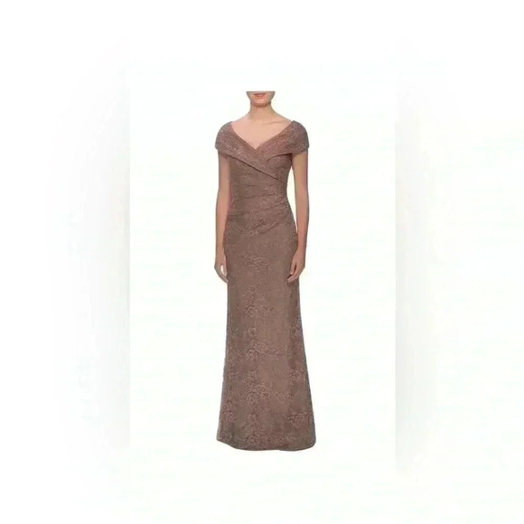 NEW La Femme Lace Overlay rhinestone off shoulder cap sleeve cocoa dress gown 2 - Picture 1 of 12